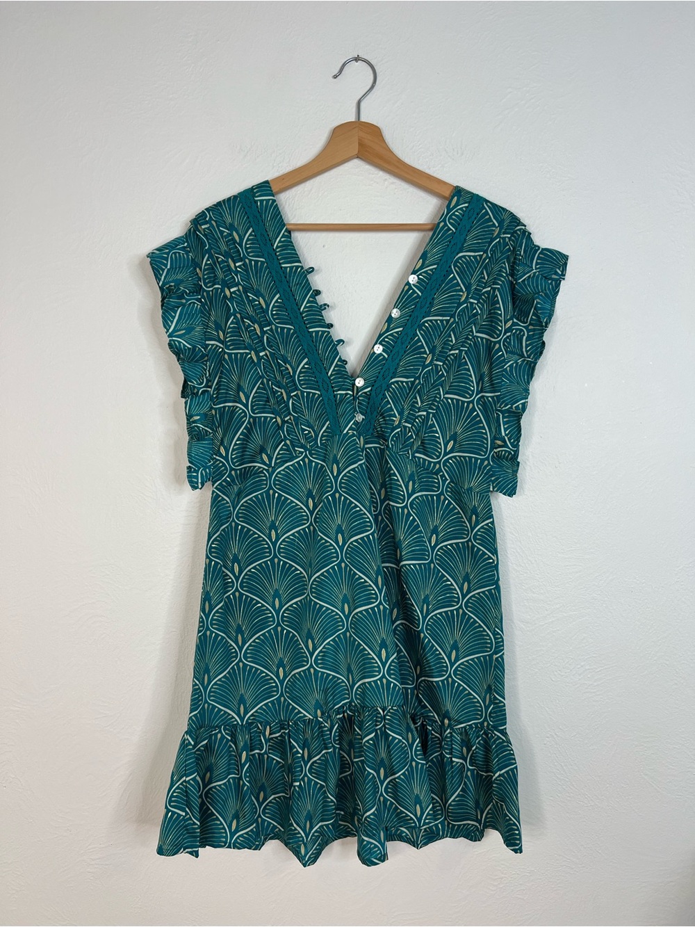 Perry Walker Collective V-Neck Teal and Gold  Patterned Mini Dress